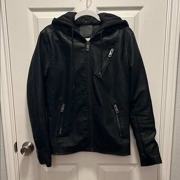 Blank NYC Black Faux Leather Jacket with detacable cloth Hood - Picture 1 of 11